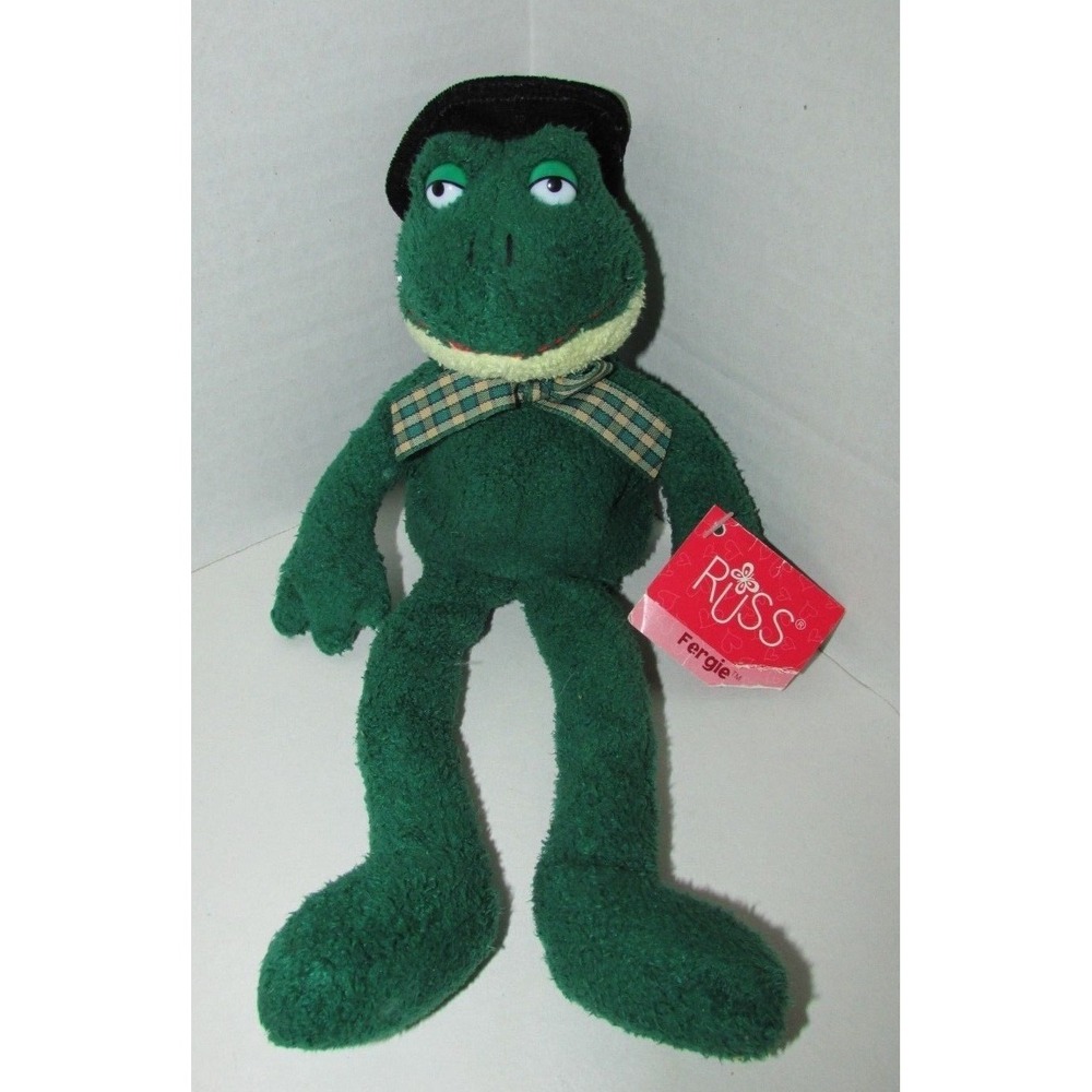 Russ Berrie Plush Luv Pets Fergie frog green‎ beanbag plaid bow black top hat